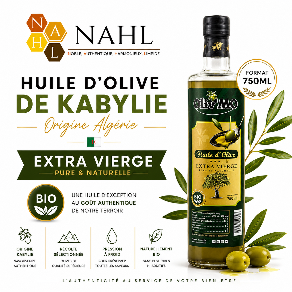 Huile d’Olive de Kabylie Extra Vierge Bio – 750 ml